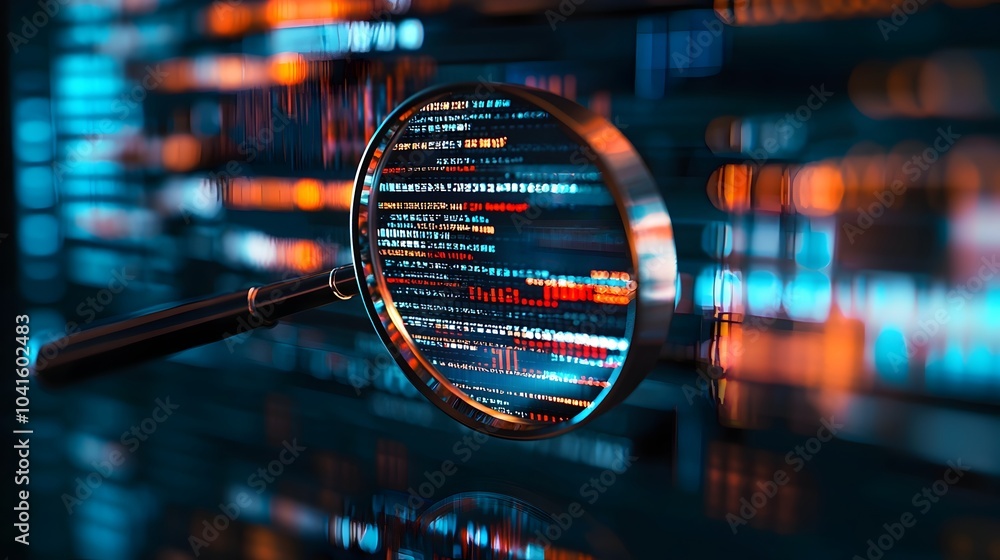 Poster digital magnifying glass analyzing financial data for fraud detection and scrutiny