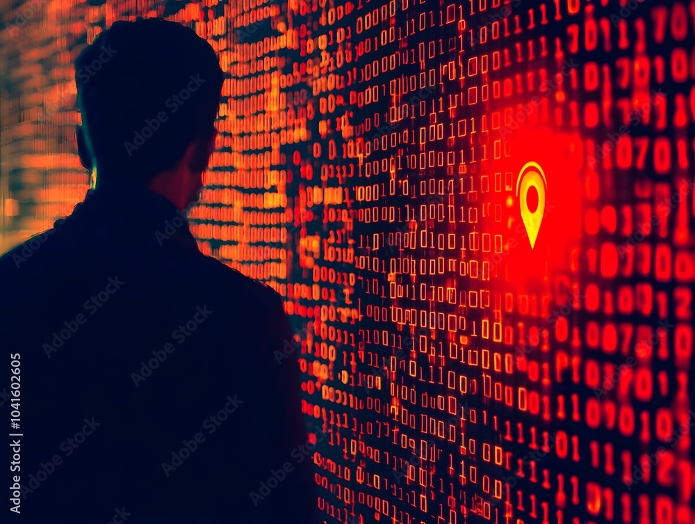 Poster shadowy hacker behind security code wall red code highlighting fraudulent activity