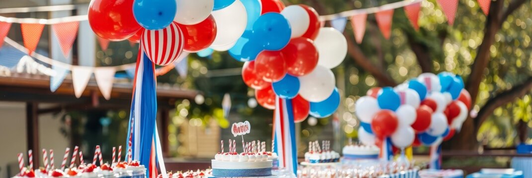 Red, white, and blue themed Independence Day party setup, vibrant decorations, balloons, and flags, creating a visually stunning and patriotic ambiance