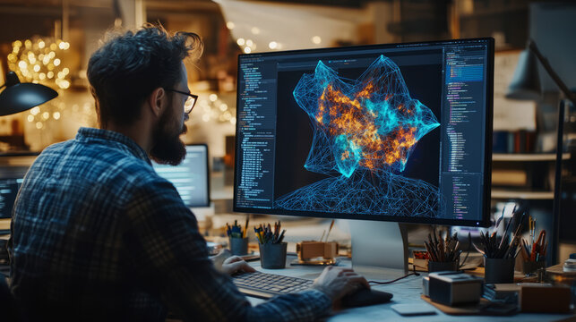 An artist working on AI-generated designs, with a computer screen displaying a vibrant and innovative piece created by an AI tool