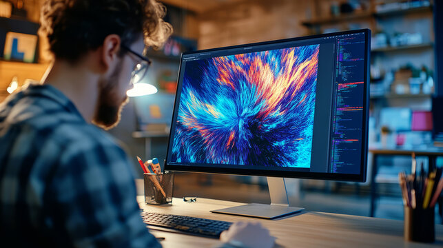 An artist working on AI-generated designs, with a computer screen displaying a vibrant and innovative piece created by an AI tool