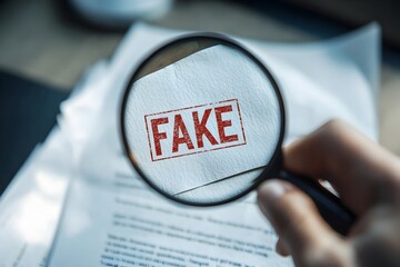 Hand Holding Magnifying Glass Over Document with Red  FAKE  Stamp   Fraud Detection Concept