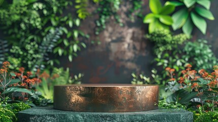 Copper podium on stone base in lush green foliage background.
