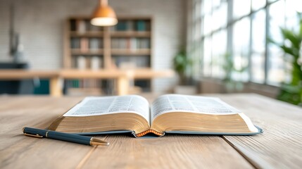 Obraz premium Exploring the serenity of knowledge a beautiful open book on a wooden table in a cozy workspace setting with natural light