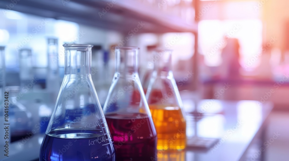 Poster three beakers with colored liquids in a lab setting.