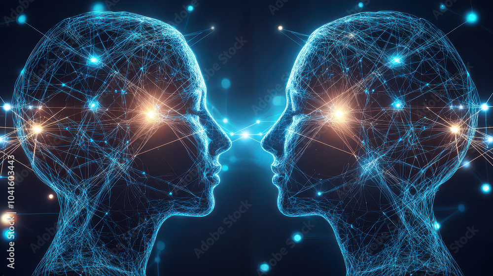 Poster artistic representation of two human profiles connected by glowing neural networks, symbolizing comm