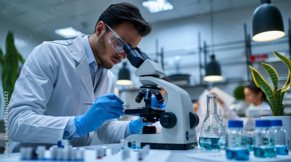 Poster scientist in a lab coat examining a sample under a microscope.