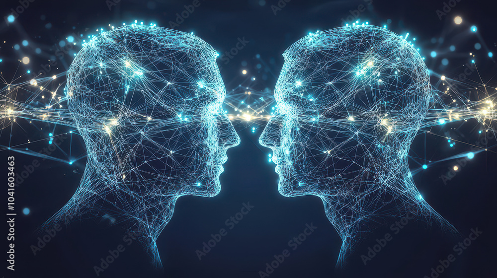 Poster digital representation of two human heads in profile, connected by glowing neural networks and light