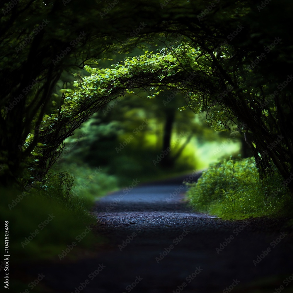 Poster a winding path through a lush forest canopy creates a mysterious and enchanting tunnel of green leav