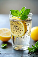 Fototapeta premium A glass of chia water with lemon slices and mint leaves, refreshing detox drink, natural light setup.