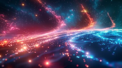 A cosmic conga line of charged particles dancing in unison and lighting up the sky.