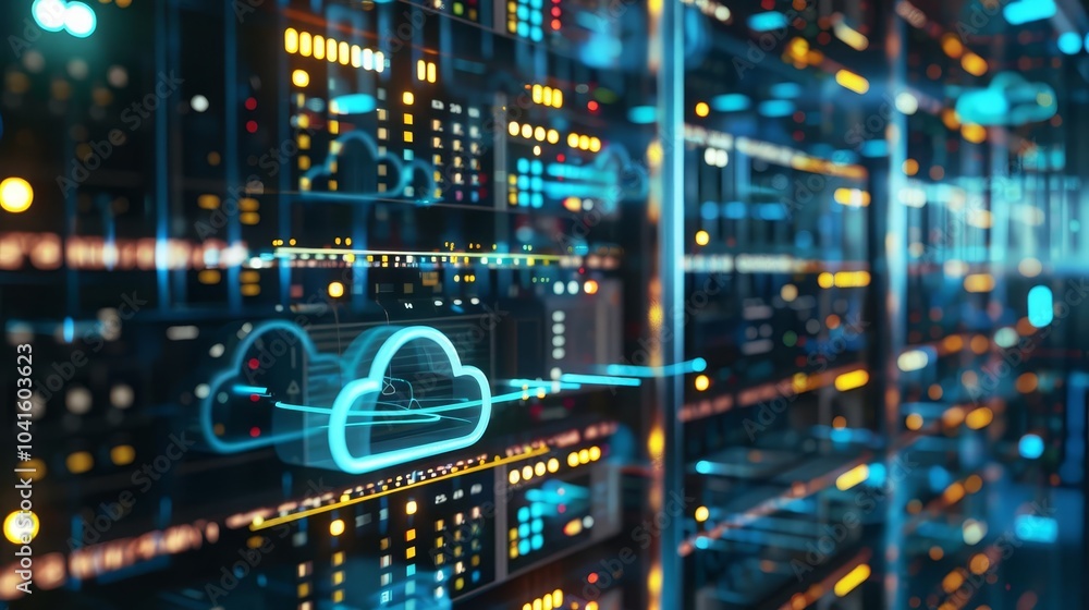 Poster abstract cloud computing concept with server room background.
