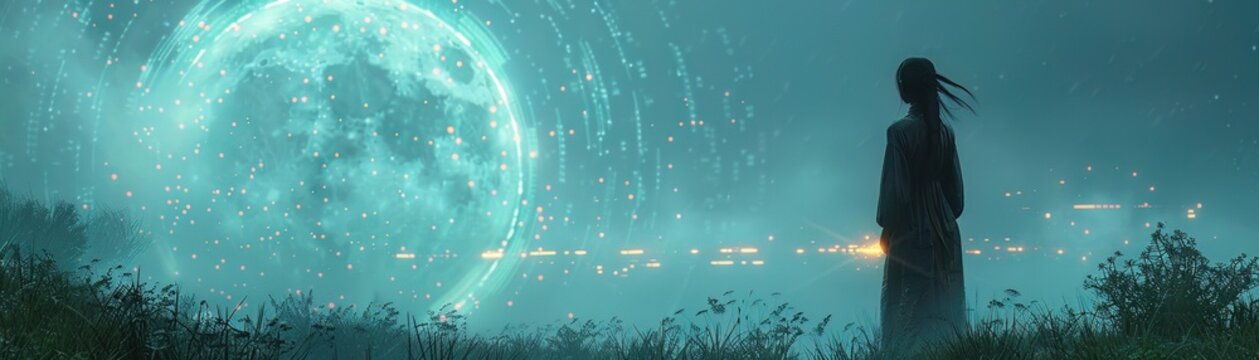 Selene, the moon goddess, guiding the tidal flow of data in the cybernetic seas