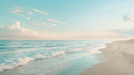 Tranquil seascape with soft blue sky and foamy waves lapping on a sandy beach.