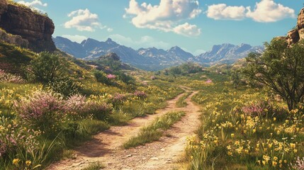 Tranquil Wild West Exploration: Scenic Valley with Winding Dirt Road and Wildflowers in Cinematic Light