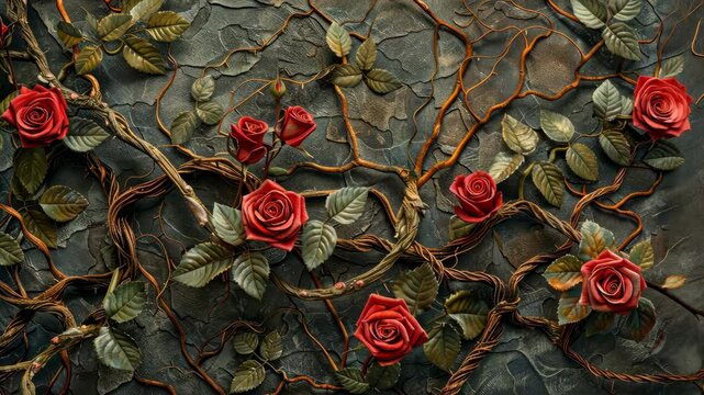 Red roses bloom on a vine wrapped around a stone wall