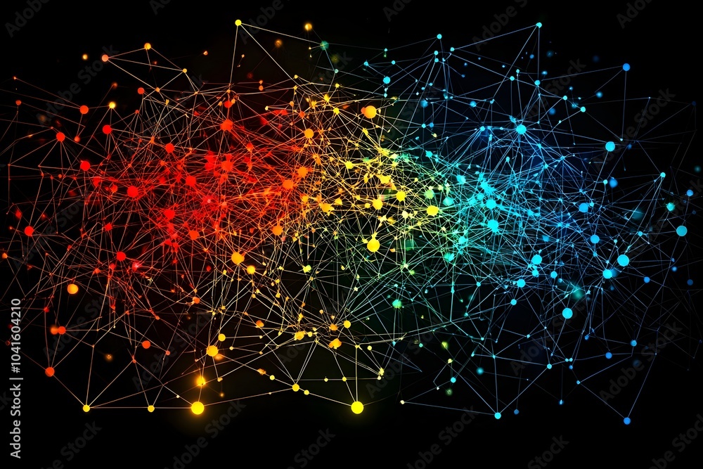 Poster colorful network of connected tweets visualizing social sentiment mapping