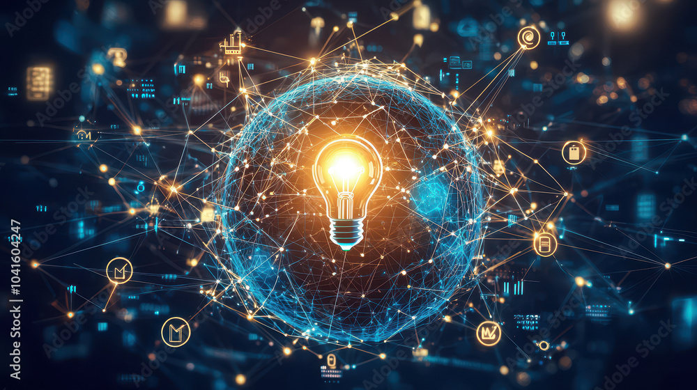 Poster futuristic digital globe with a glowing light bulb at the center surrounded by interconnected techno