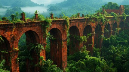 Obraz premium Ancient Brick Arches Overgrown with Lush Jungle Vegetation