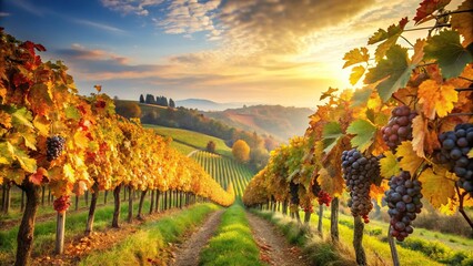 Naklejka premium Beautiful landscape showcasing autumn vineyards and organic grape fields at a tilted angle