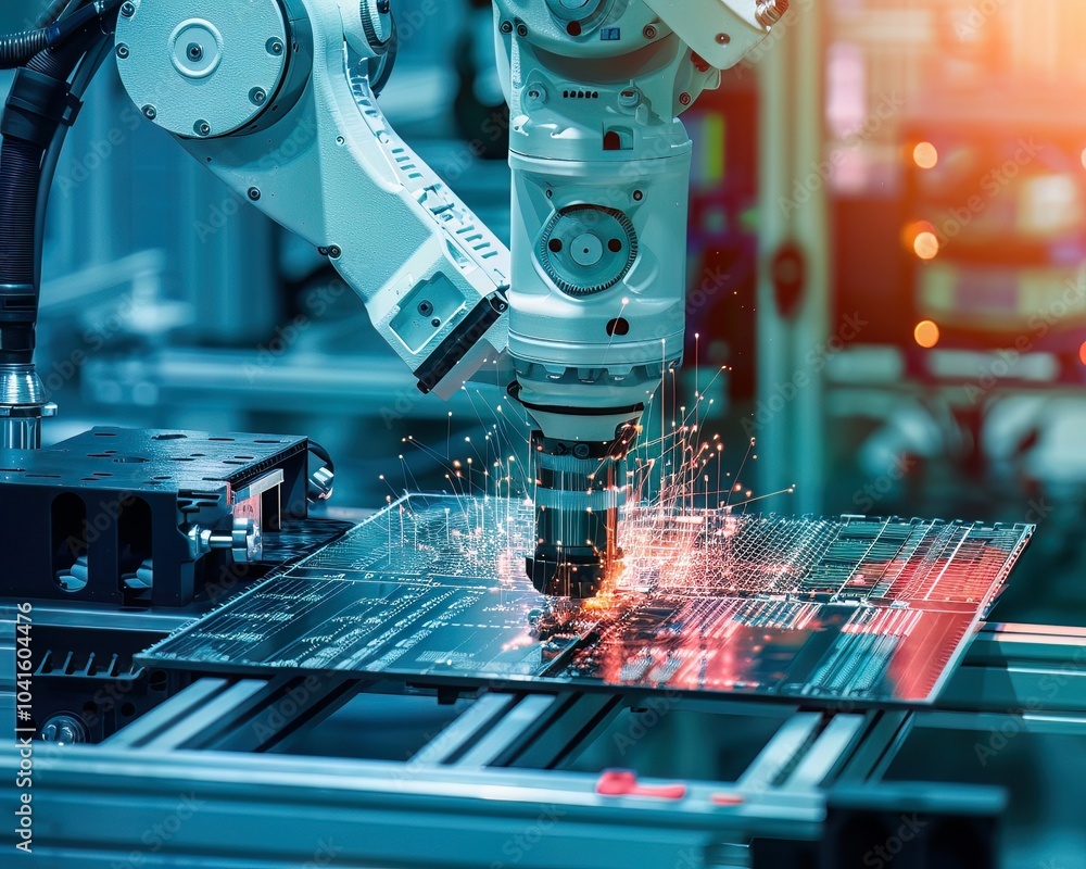 Poster a close-up of a high-tech robotic arm welding components on a sleek circuit board, set in a modern i