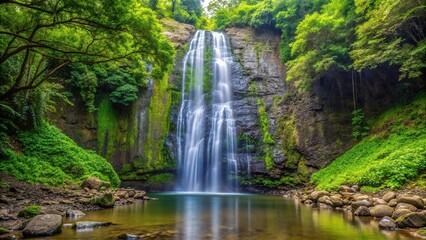 Beautiful panoramic view of Manoa Falls waterfall emptying into a small pond in Hawaii