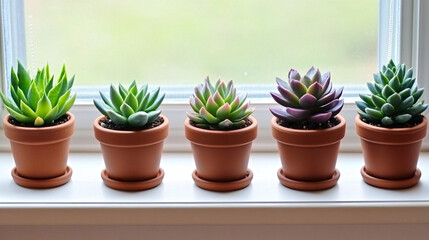 Fototapeta premium Set of small potted plants on a minimalist windowsill with soft natural light