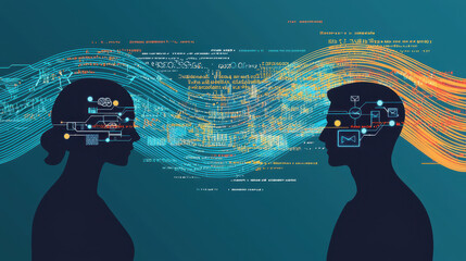 Abstract illustration of a woman and man in profile, representing digital communication and data exchange with glowing symbols and lines