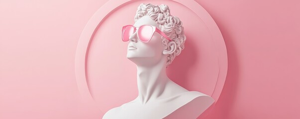 Trendy image with a white david bust wearing pink sunglasses on a vibrant pink background. Perfect for a cool and contemporary look with a touch of elegance and glamour