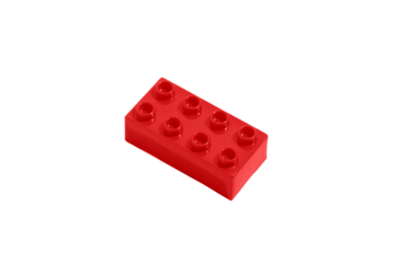 Top view red rectangular plastic block brick toy for building constructions on blank png isolated background. Concept detail for an educational game. Image for your design