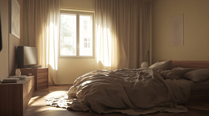 Simple bedroom with soft beige tones, a textured comforter, and a wooden nightstand