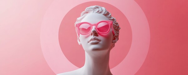 Stylish white statue with pink sunglasses against a vibrant backdrop, blending classic sculpture with a pop art twist. Perfect for modern branding and social media