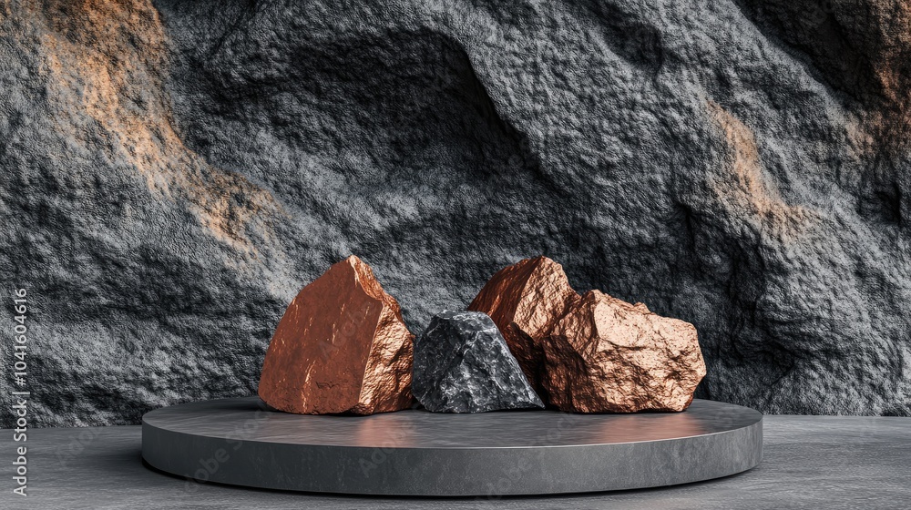Poster 3d illustration featuring a rough surface texture of a group of copper and black rocks on a podium i