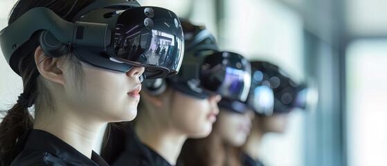 A close-up showcases young individuals immersed in virtual reality, focusing on a woman's profile and her sleek headset. blurred background enhances the tech-savvy vibe.