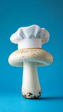 Naklejki Single white button mushroom with a chef's hat on, standing upright against a vibrant blue background, suggesting culinary creativity
