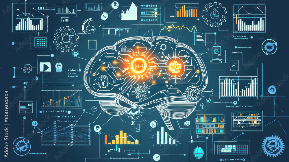 Poster conceptual illustration of a digital brain surrounded by data analytics graphs and technological ele