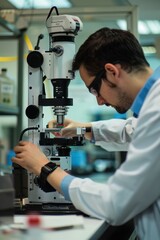 A dedicated male scientist examines a specimen under a microscope in a professional lab setting, showcasing safety and innovation in scientific research. Ideal for educational use.