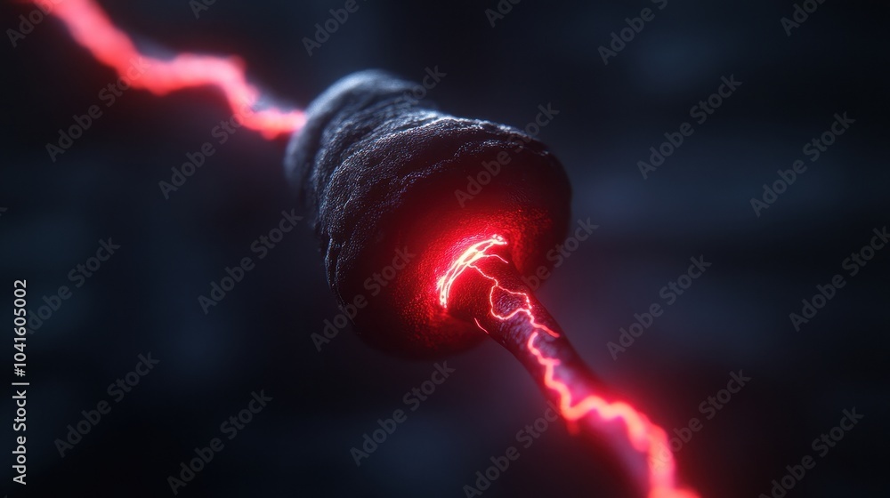 Poster a dynamic image of a matte spherical object emitting a bright red electric arc against a dark, blurr