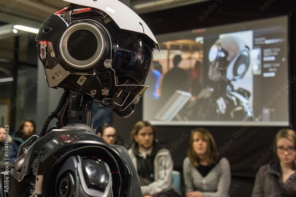 Aufkleber a futuristic humanoid robot stands in the foreground, revealing intricate mechanics and a glowing vi