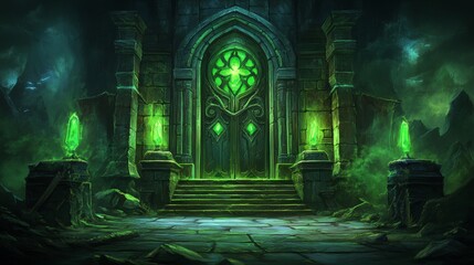 Obraz premium Glowing Green Entrance to Mysterious Dungeon