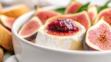 A gourmet cheese platter showcases creamy brie topped with rich berry jam, surrounded by vibrant figs and rustic bread slices, exuding indulgence and sophistication.