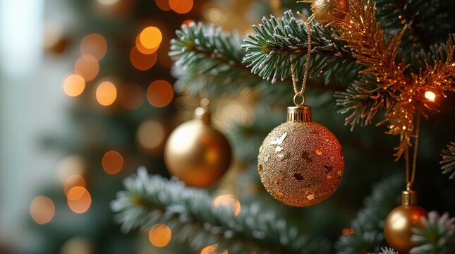 Fotorealistische Nahaufnahme eines festlich dekorierten Weihnachtsbaums mit goldener Christbaumkugel