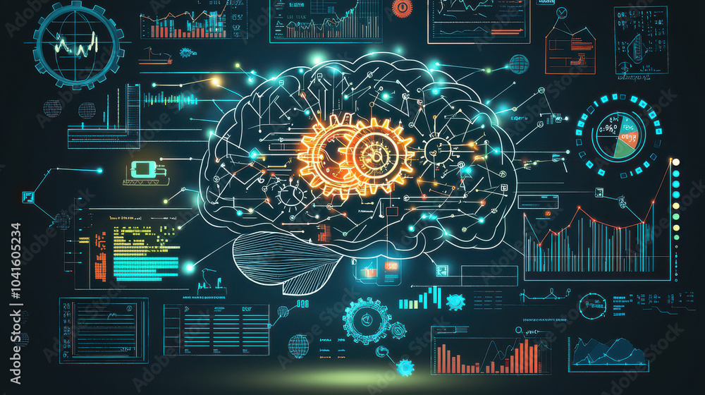 Poster futuristic digital brain with gears and data analysis charts, showcasing artificial intelligence and