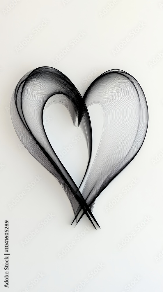 Poster abstract heart shape forming from black lines converging and crossing on a white background, creatin