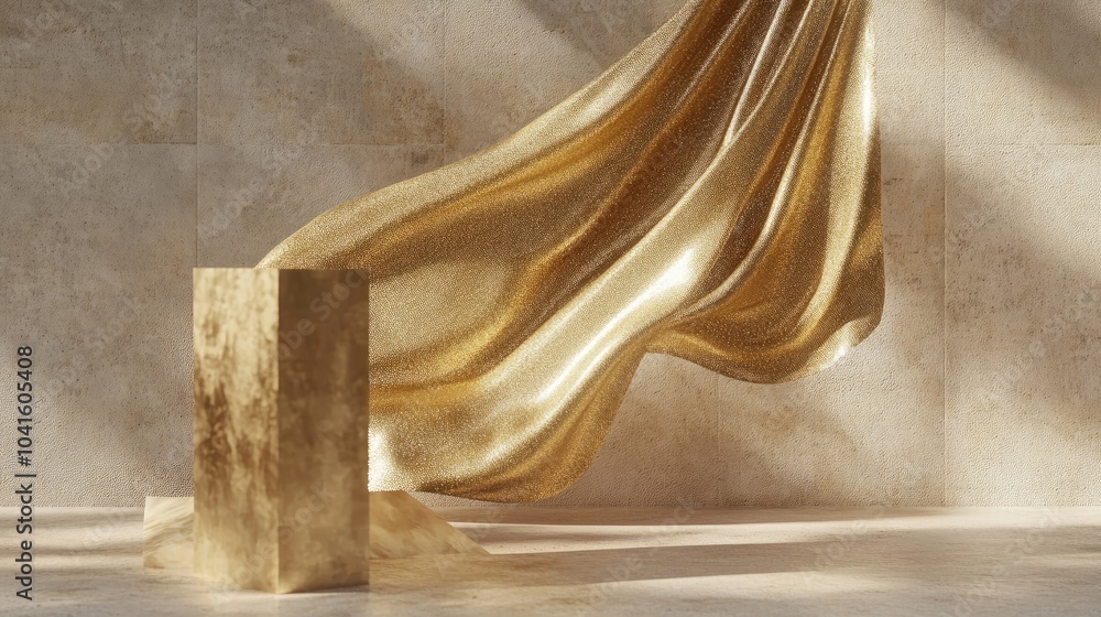 Poster display of a fluttering gold fabric in a 3d background featuring geometric shapes a pedestal on a fl
