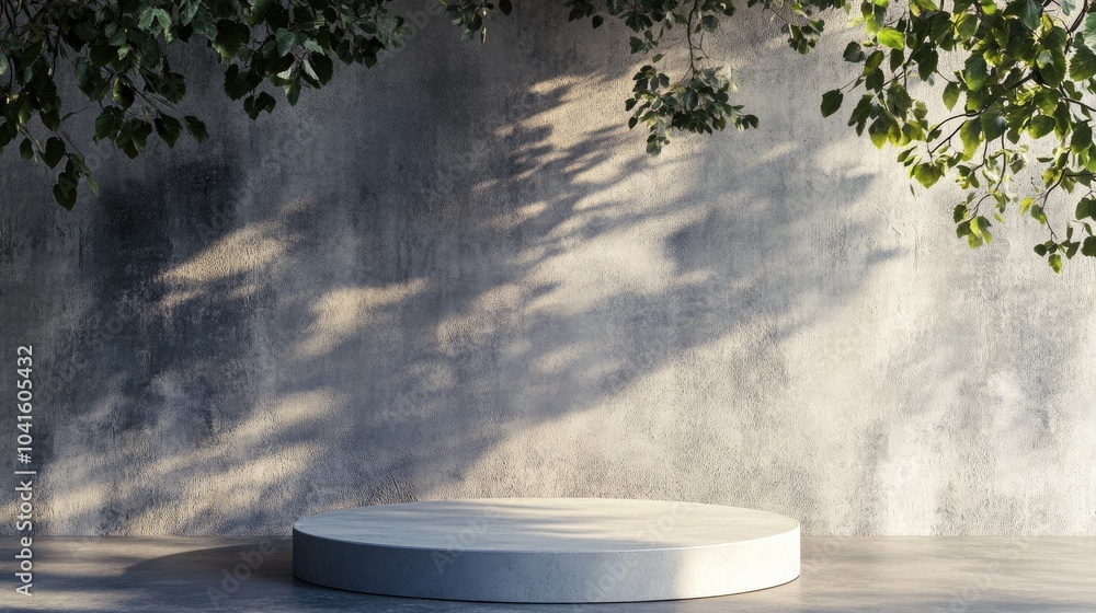 Aufkleber display pedestal design platform blank product vacant space with tree shadow on the wall 3d renderin