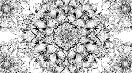 Intricate Black and White Pattern Abstract Mandala Illustration Symmetrical Floral Design Detailed Line Art Monochrome Floral Symmetry Ornate Floral Grid Art