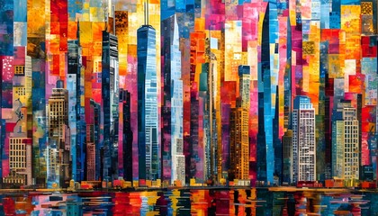 Abstract Cityscape Collage with Skyscrapers and Water Reflection