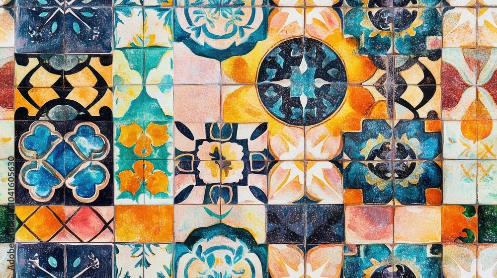 Poster colorful portuguese azulejo tiles in a watercolor style featuring a multicolored ethnic floor design