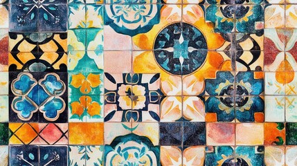 Colorful Portuguese Azulejo tiles in a watercolor style featuring a multicolored ethnic floor design with ornate geometric patterns Chic mosaic pattern with a symmetrical design resembling a kalei
